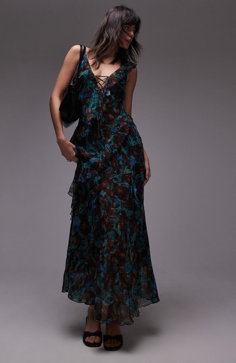 Topshop Lace-Up Ruffle Frill Maxi Dress, Main, color, 