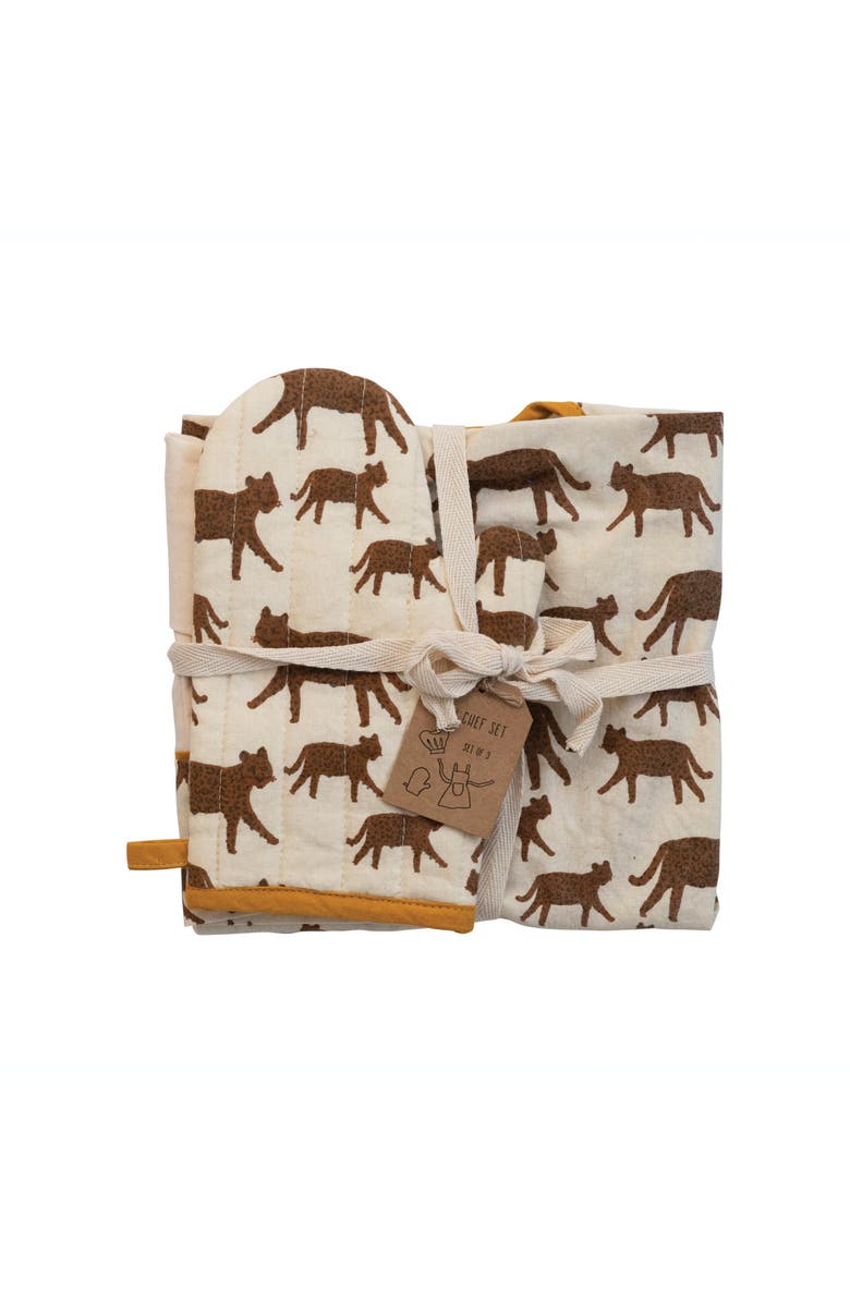 Storied Home Cotton Child Apron with Jaguars, Main, color, Brown