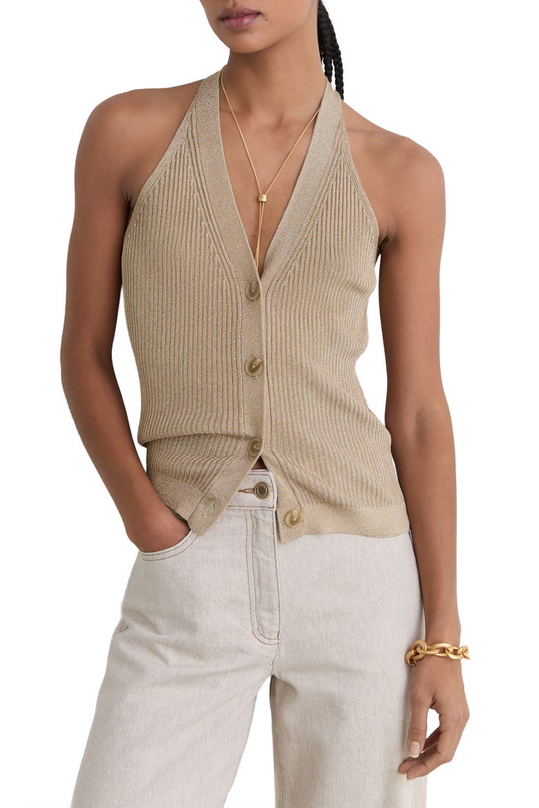 Lilana Metallic Rib Knit Button-Up Tank, Main, color, GOLD