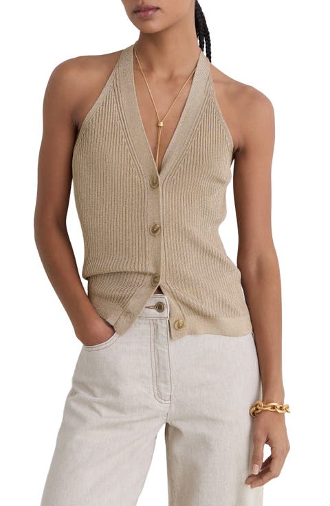 Lilana Metallic Rib Knit Button-Up Tank