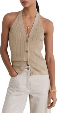 Reiss Lilana Metallic Rib Knit Button-Up Tank