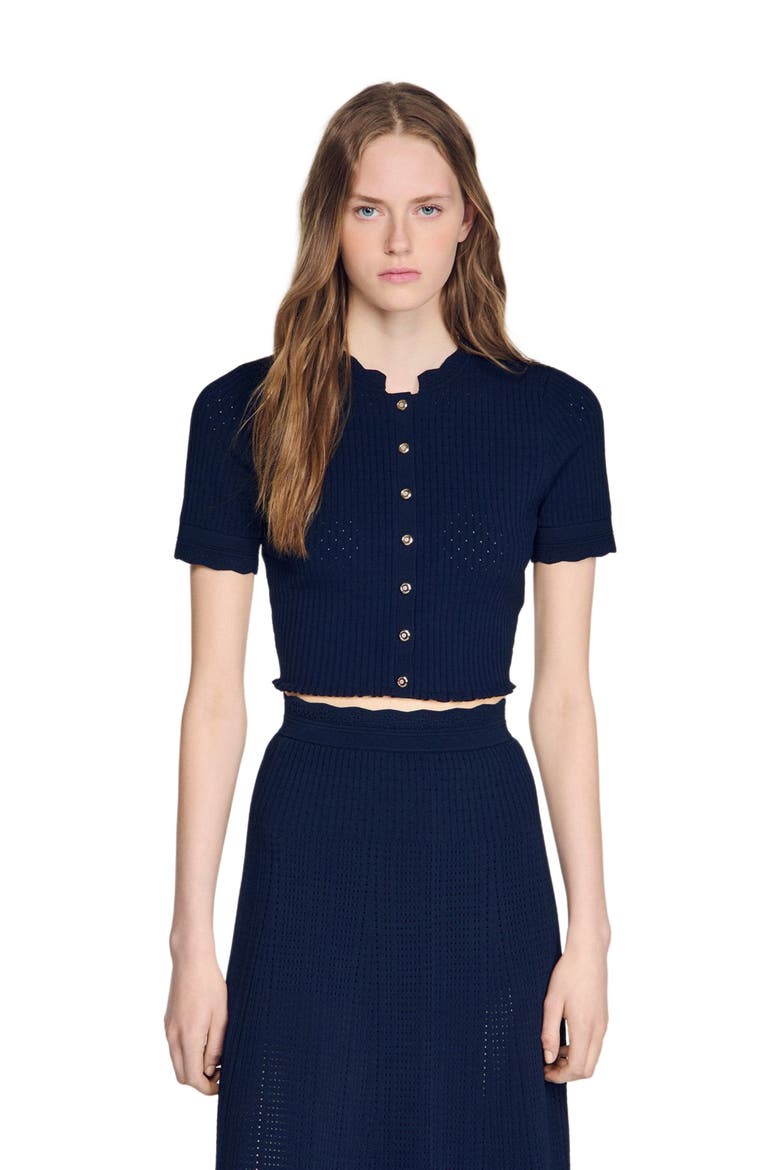 Cropped pointelle knit cardigan, Main, color, Navy blue