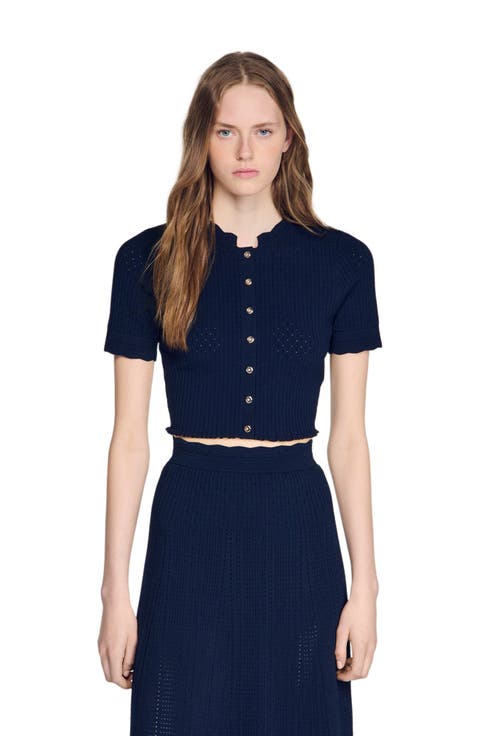 Cropped pointelle knit cardigan