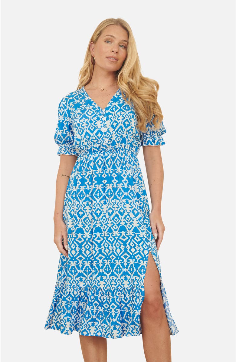 Yumi Geometric Print Puff Sleeve Midi Dress, Alternate, color, Blue