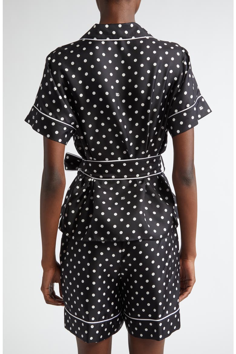 Polka Dot Belted Silk Pajama Shirt, Alternate, color, NERO