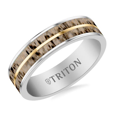 6MM Contemporary Gray Tungsten Carbide Ring with Deer Antler Inlay and Yellow Line Center and Polished Flat Edge Profile