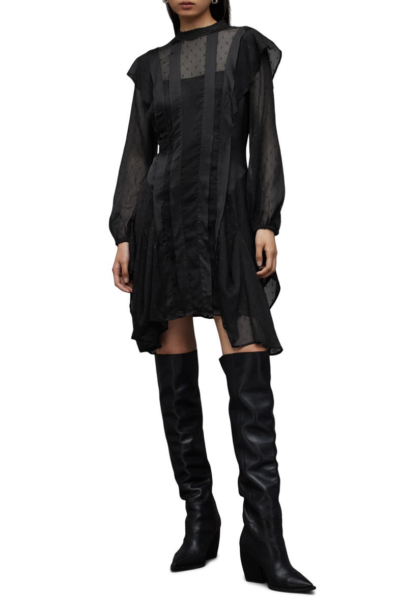 AllSaints Fleur Shim Metallic Long Sleeve Minidress, Main, color,