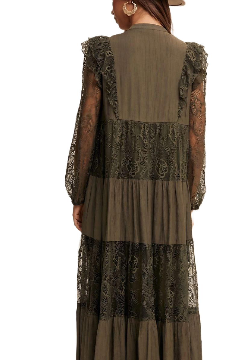 Knit and Lounge Lace Tiered Tie Detail Bishop Sleeve Maxi Dress, Alternate, color, 