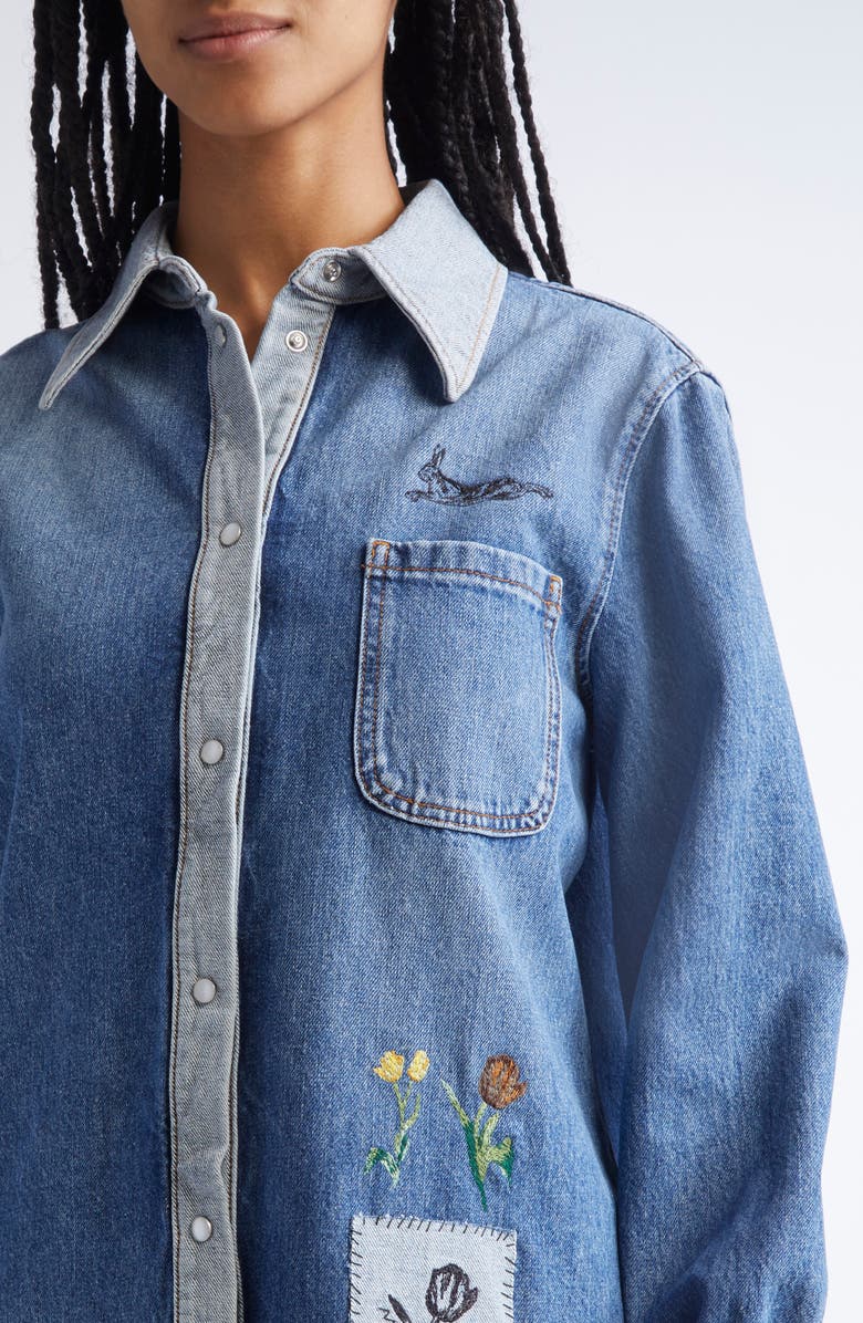 Marni Embroidered Denim Pearl Snap Shirt, Alternate, color, 00B52 Azure