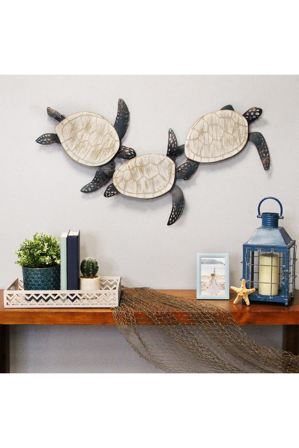 STRATTON HOME DECOR Blue/White Metal & Wood Carved Turtle Wall Decor ...