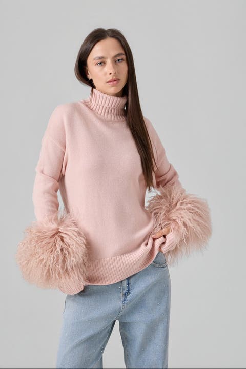 Mongolian Shearling Cuffs Cashmere Sweater
