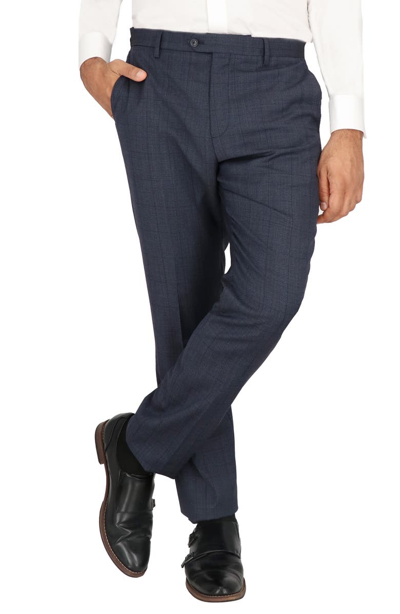 Scotch & Soda Navy Windowpane Check Flat Front Stretch Wool Dress Pants, Alternate, color, Navy Windowpane