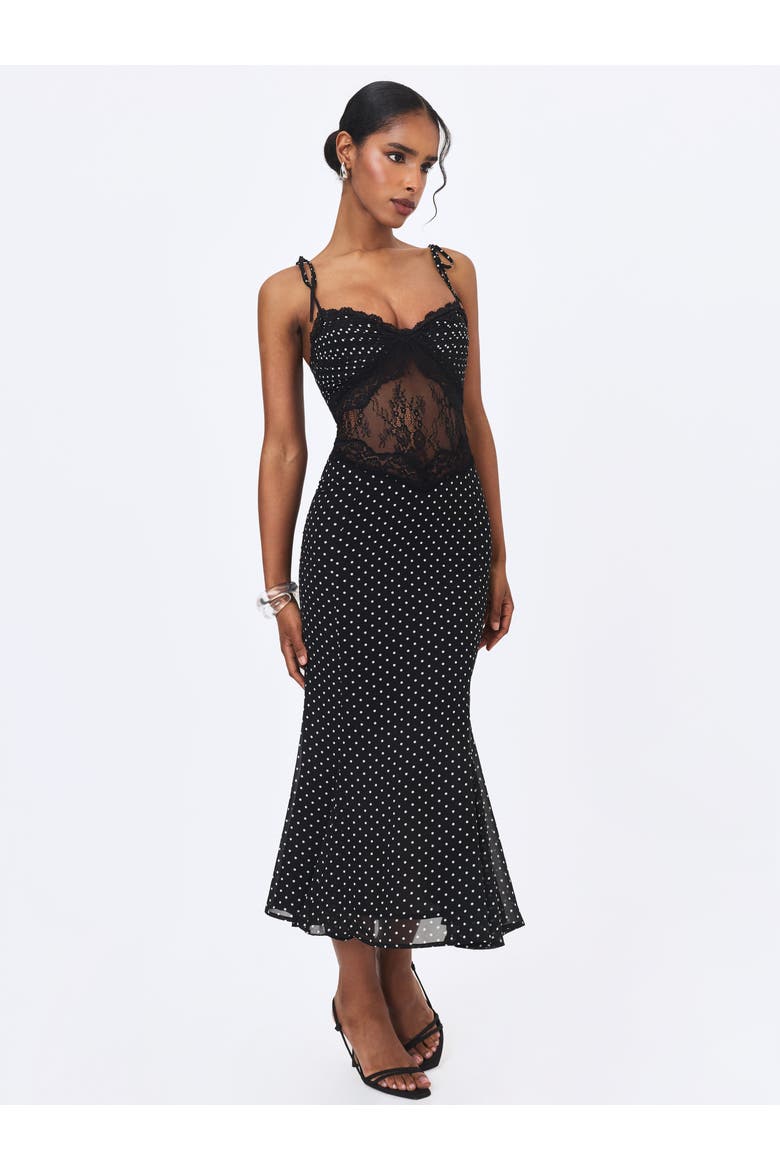 Zehra Chiffon Lace Cutout Mermaid Midi Dress, Alternate, color, Black