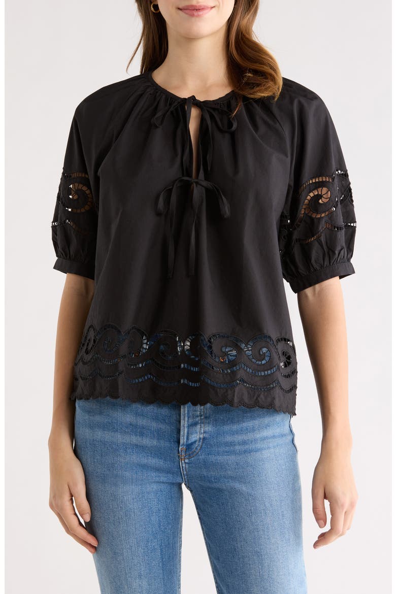 Catalene Embroidered Eyelet Cotton Peasant Top, Main, color, BLACK EMBROIDERY