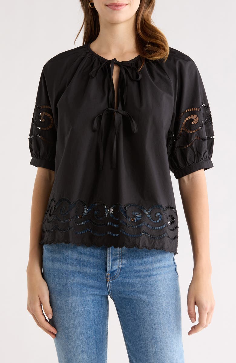 Rails Catalene Embroidered Eyelet Cotton Peasant Top, Main, color, Black Embroidery