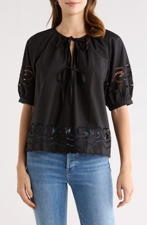 Catalene Embroidered Eyelet Cotton Peasant Top