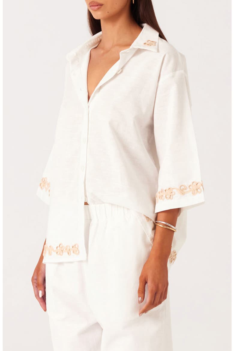 Ines 2.0 Embroidered Trim Linen & Cotton Blend Button-Up Shirt, Alternate, color, WHITE