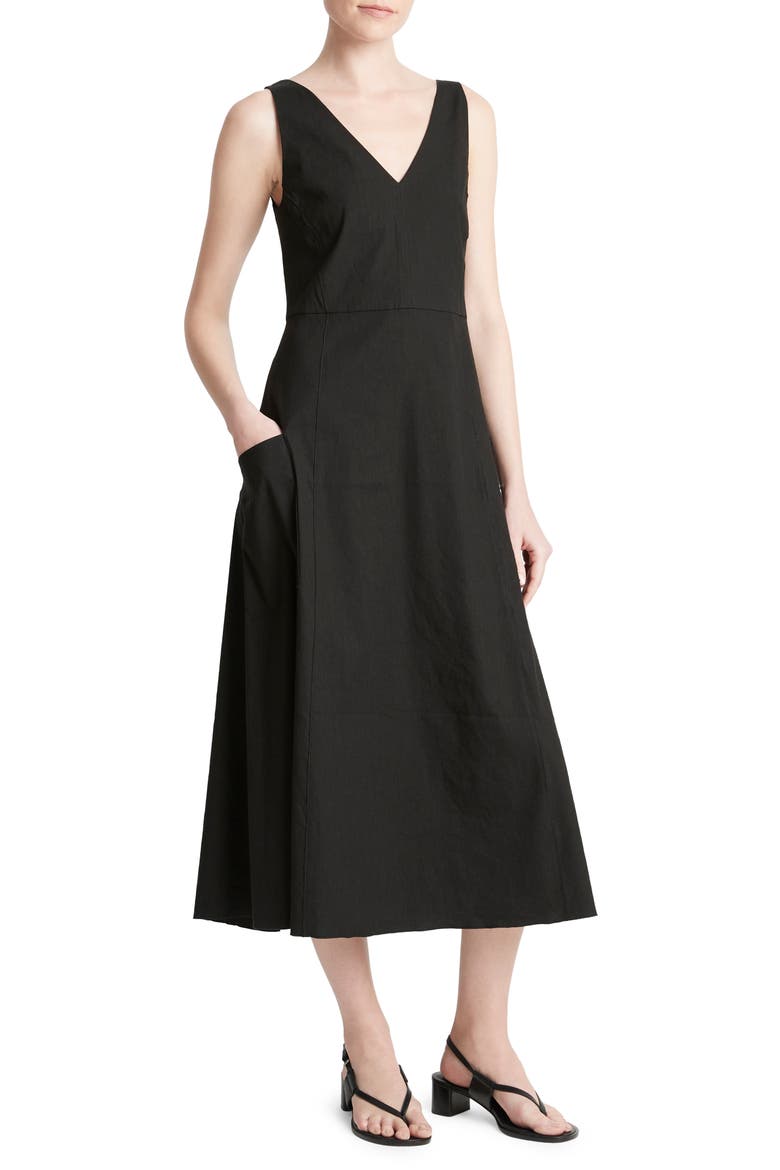 Relaxed Sleeveless Linen Blend Midi Dress, Alternate, color, BLACK