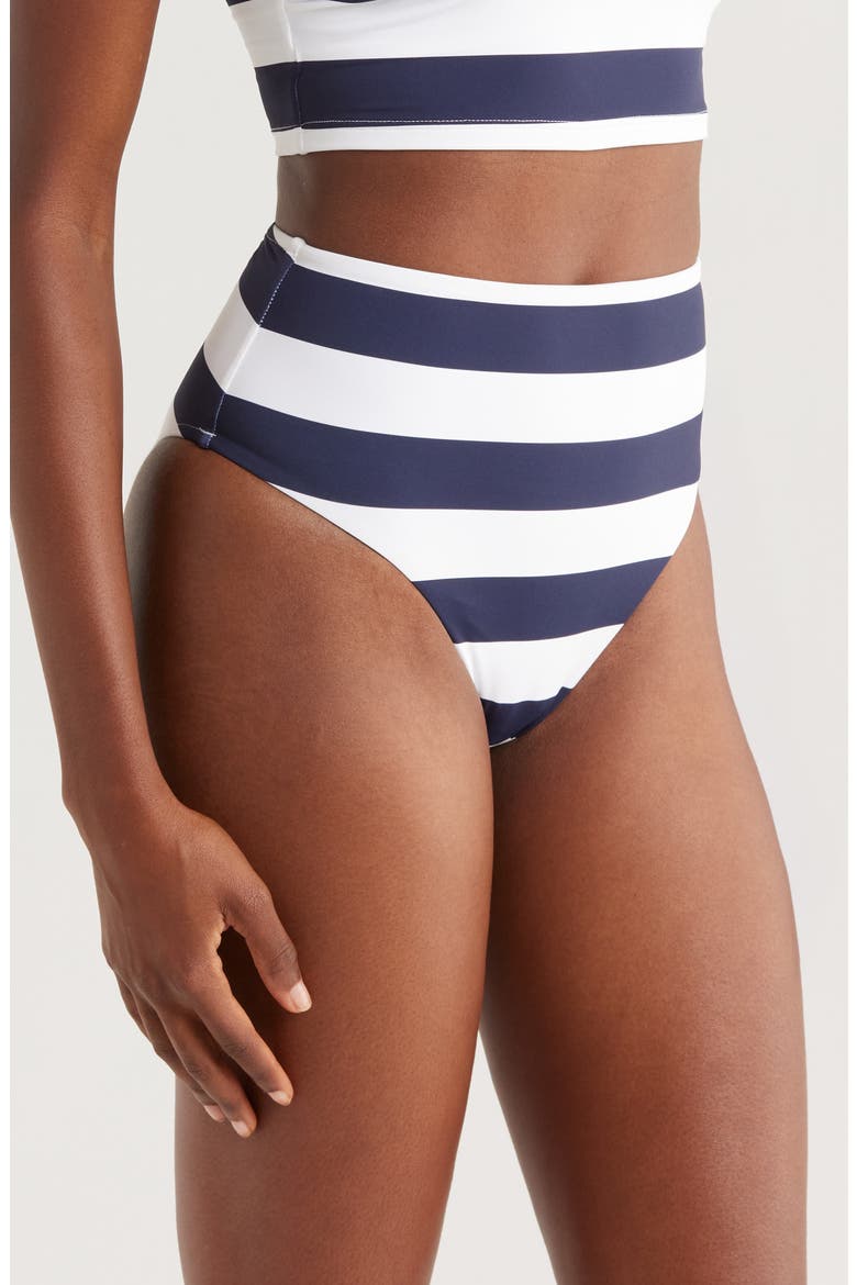 Poppy Stripe High Waist Bikini Bottoms, Alternate, color, NAVY STRIPE