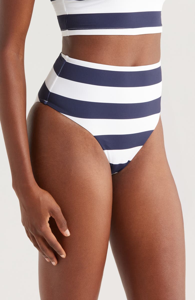 BONDI BORN Poppy Stripe High Waist Bikini Bottoms, Alternate, color, Navy Stripe