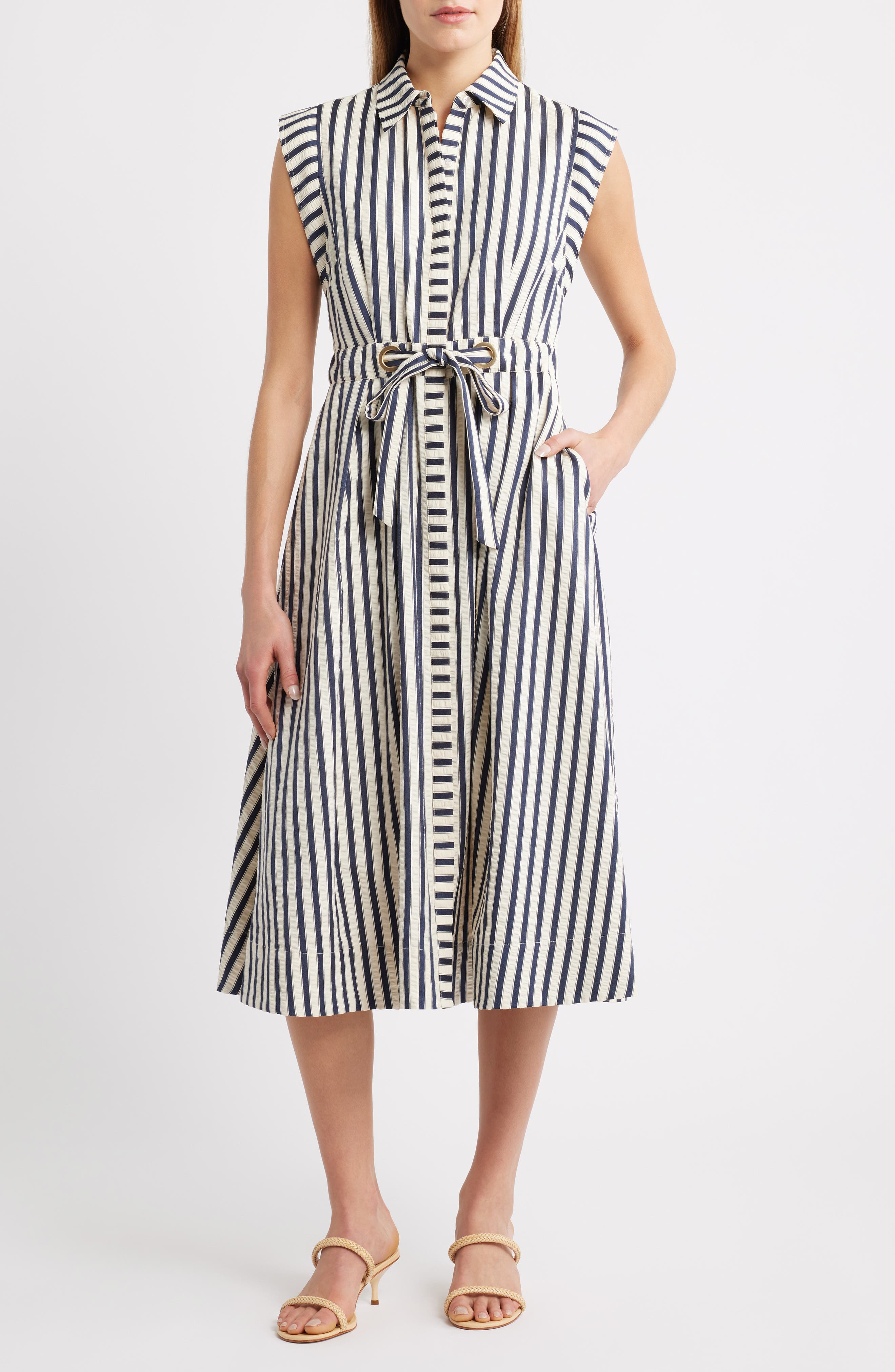 Sam Edelman Stripe Belted Seersucker Midi Shirtdress