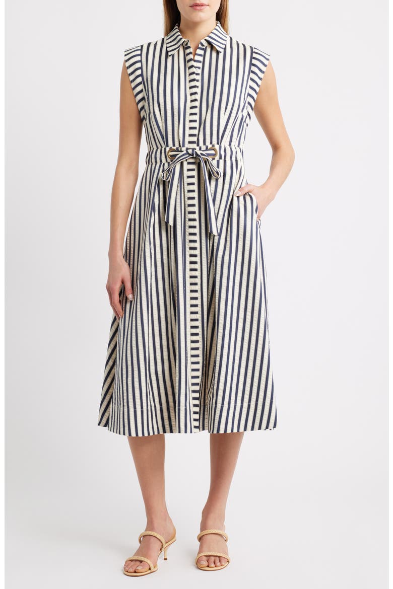 Stripe Belted Seersucker Midi Shirtdress, Main, color, NAVY/ WHITE