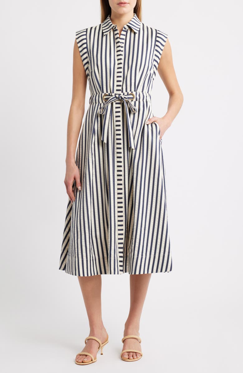 Sam Edelman Stripe Belted Seersucker Midi Shirtdress, Main, color, Navy/ White