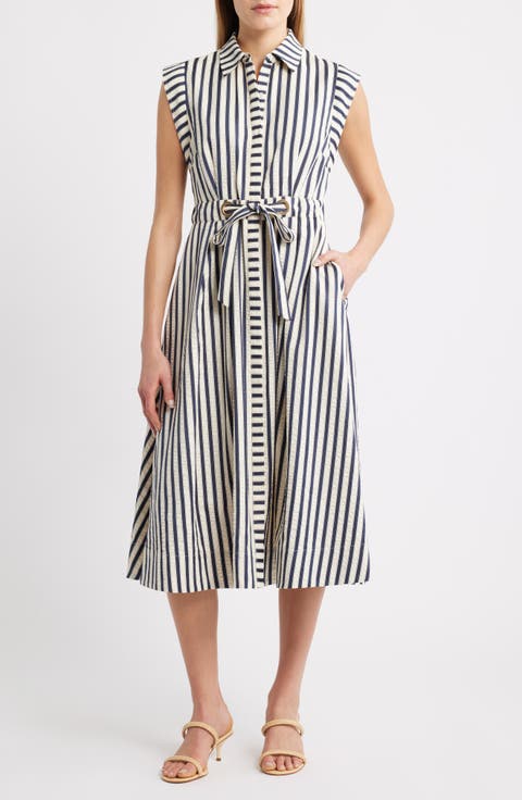 Stripe Belted Seersucker Midi Shirtdress