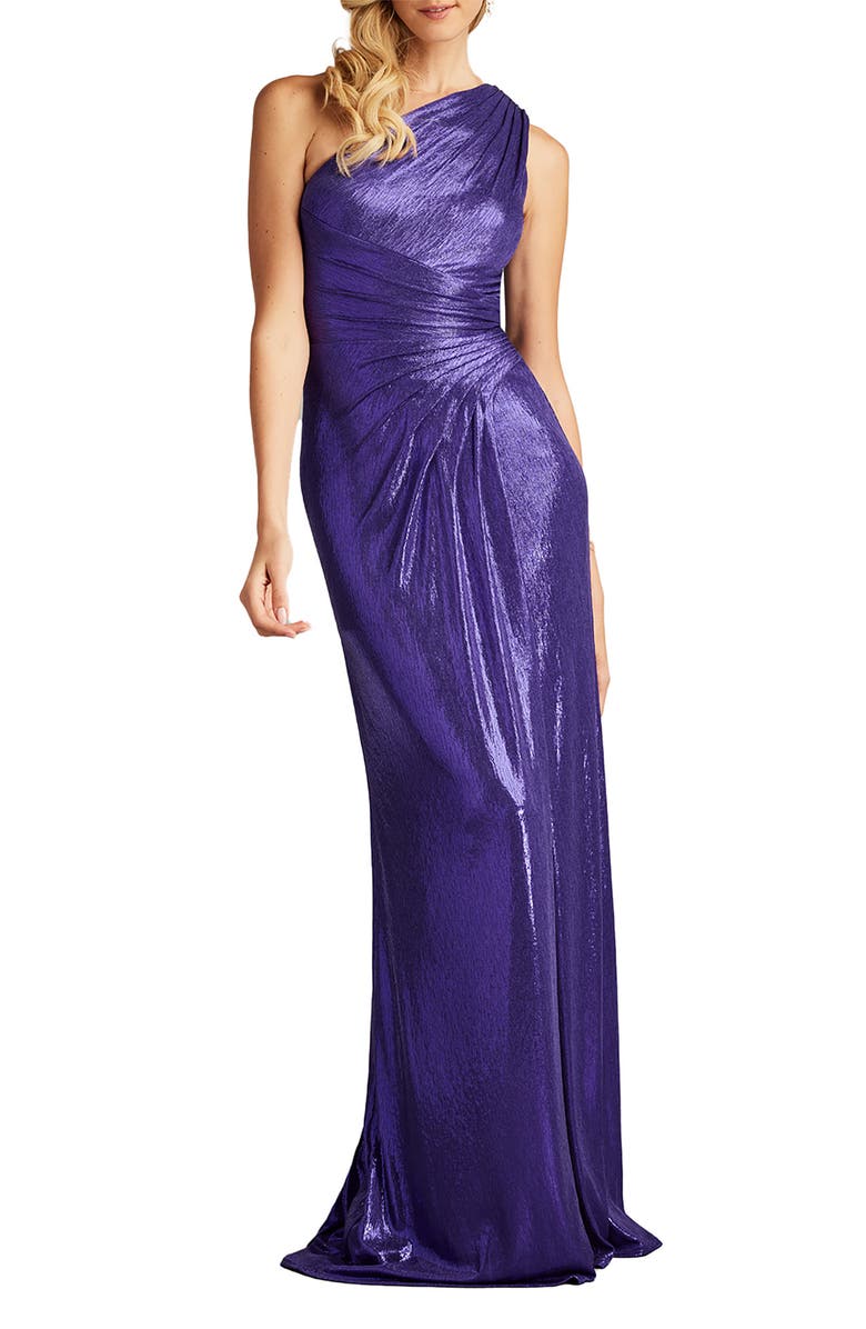 Tadashi Shoji One-Shoulder Metallic Jersey Gown, Main, color, 
