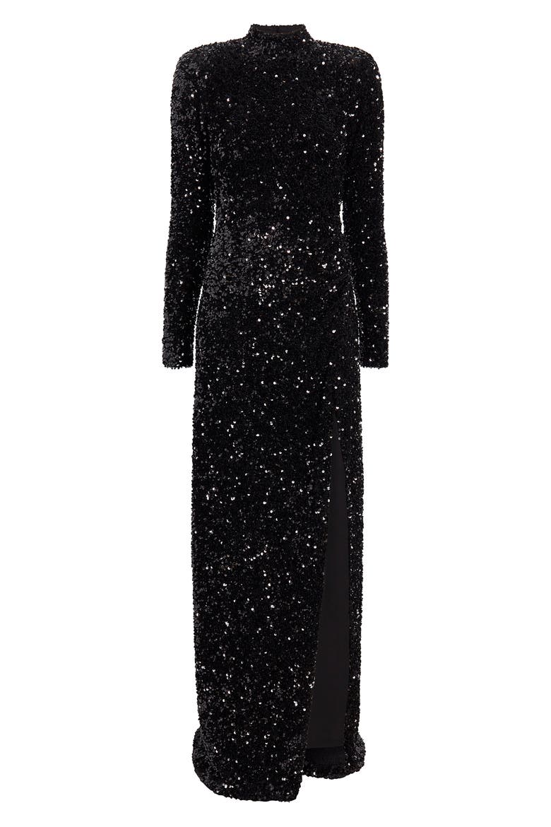 Kerry Sequin Cutout Long Sleeve Gown, Alternate, color, BLACK