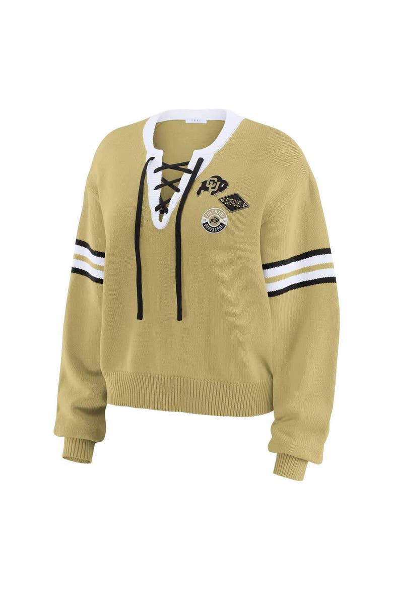 Women's WEAR by Erin Andrews Gold Colorado Buffaloes Lace-Up Pullover Sweater, Alternate, color, Gold