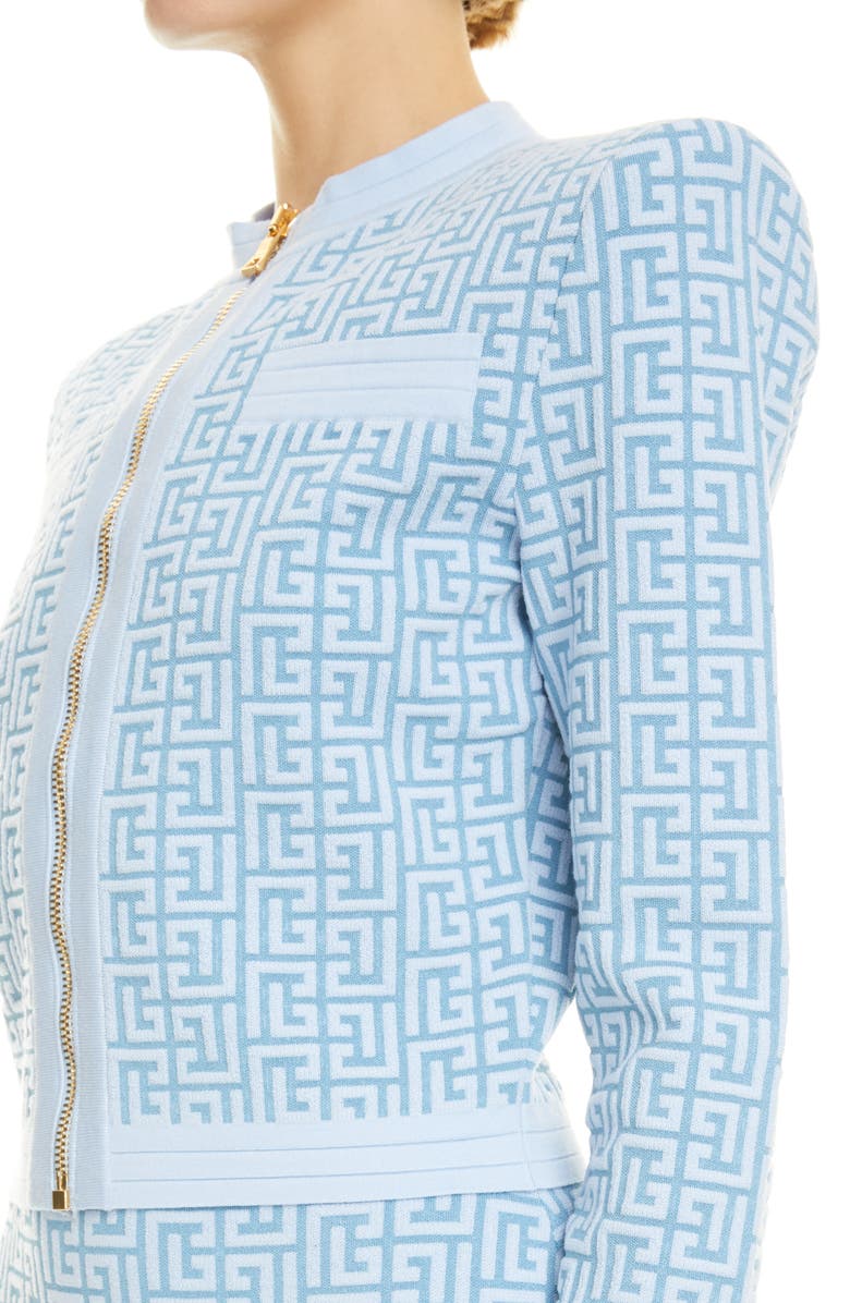Balmain Monogram Jacquard Zip Cardigan, Alternate, color, 