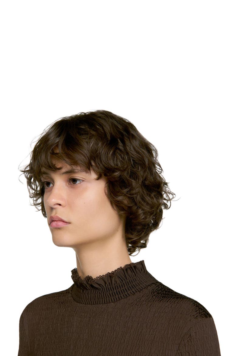 Smocked T-shirt with ruffle collar, Alternate, color, Brown