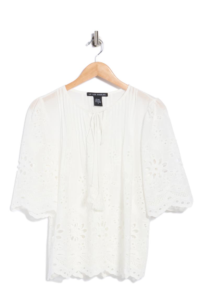 Eyelet Cotton Top with Scalloped Hem, Main, color, WHITE