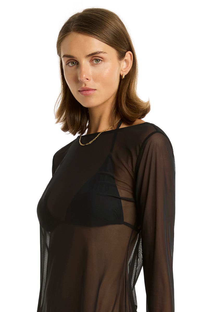 Sea Level Day Club Long Sleeve Mesh Cover-Up Dress, Alternate, color, Black