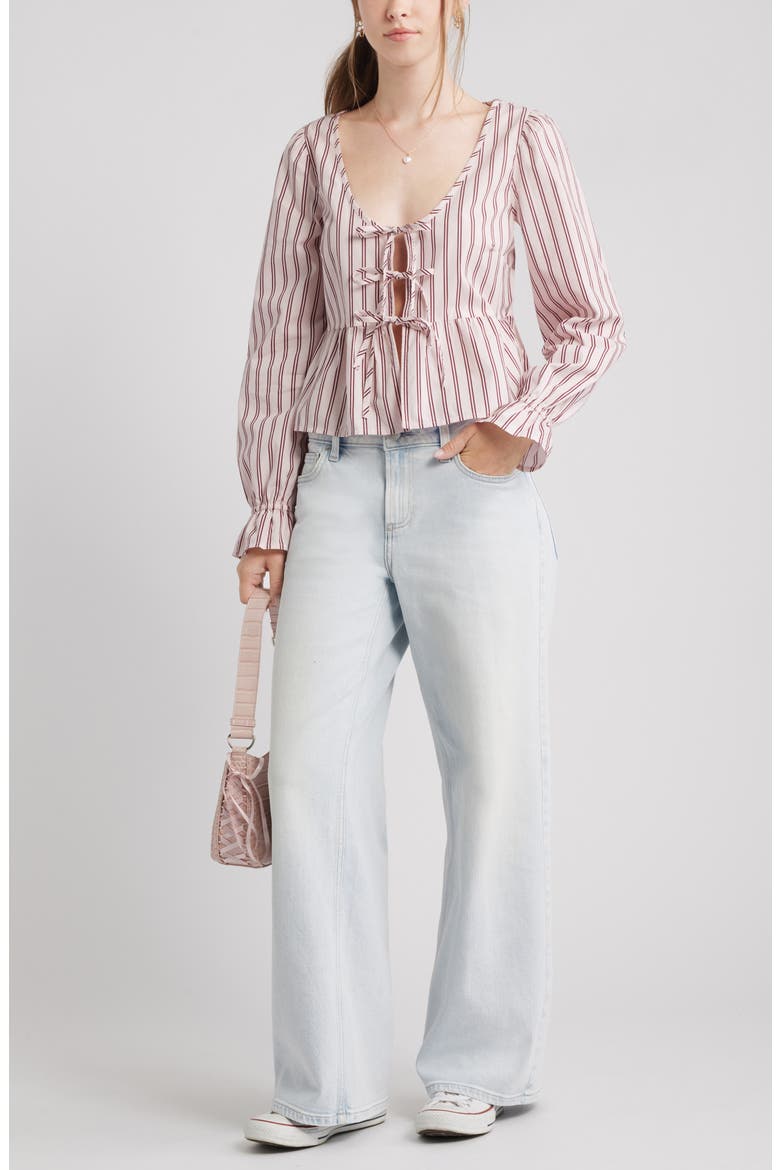 Tie Front Scoop Neck Cotton Poplin Peplum Top, Alternate, color, PINK- BURGUNDY KATE STRIPE