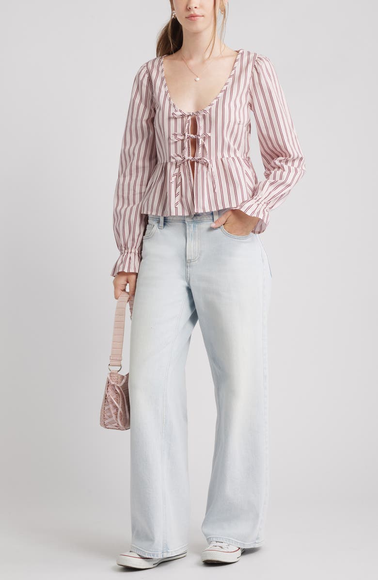 BP. Tie Front Scoop Neck Cotton Poplin Peplum Top, Alternate, color, Pink- Burgundy Kate Stripe