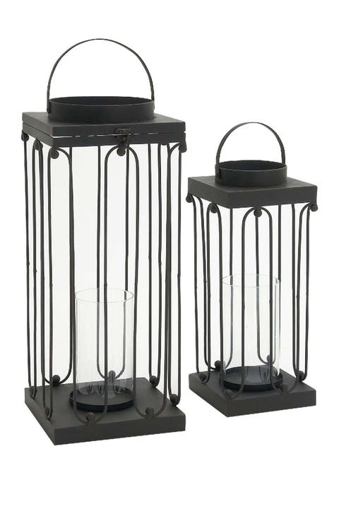 Black Metal Pillar Candle Lantern - Set of 2