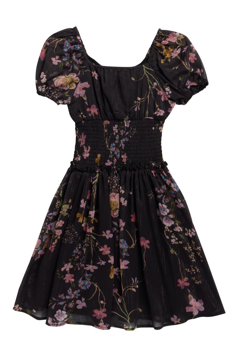 Kids' Floral Puff Sleeve Smocked Tiered Dress, Alternate, color, BLACK/ PINK FLORAL