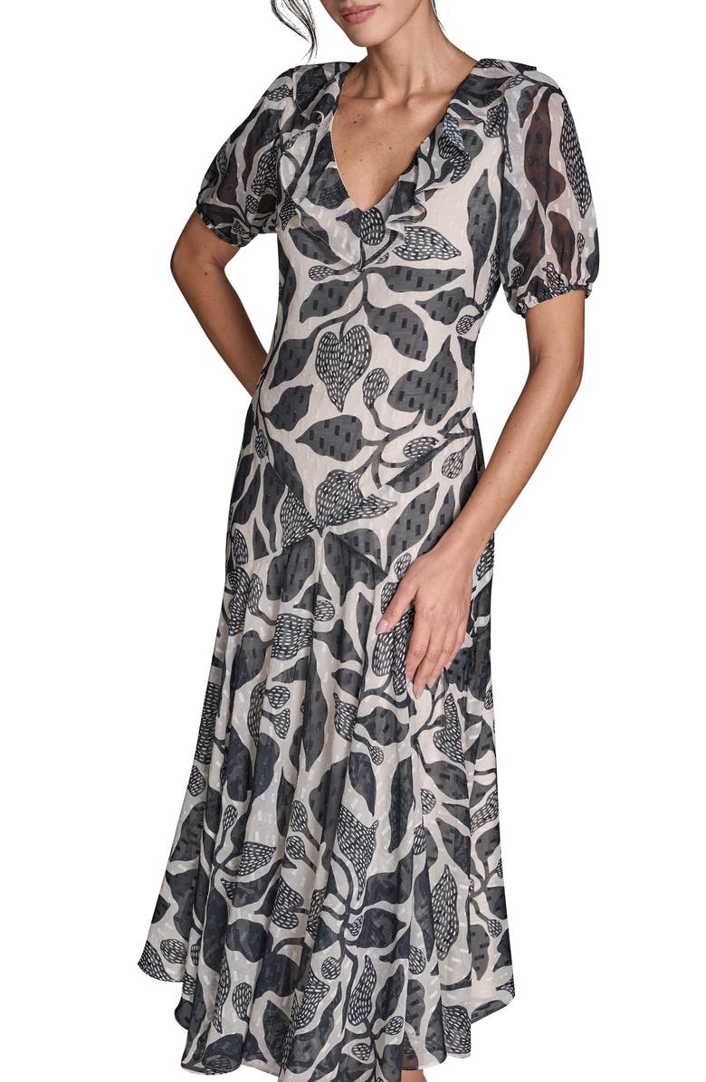 BCBG Floral Metallic Clip Dot Maxi Dress, Alternate, color, Black/ Whisper