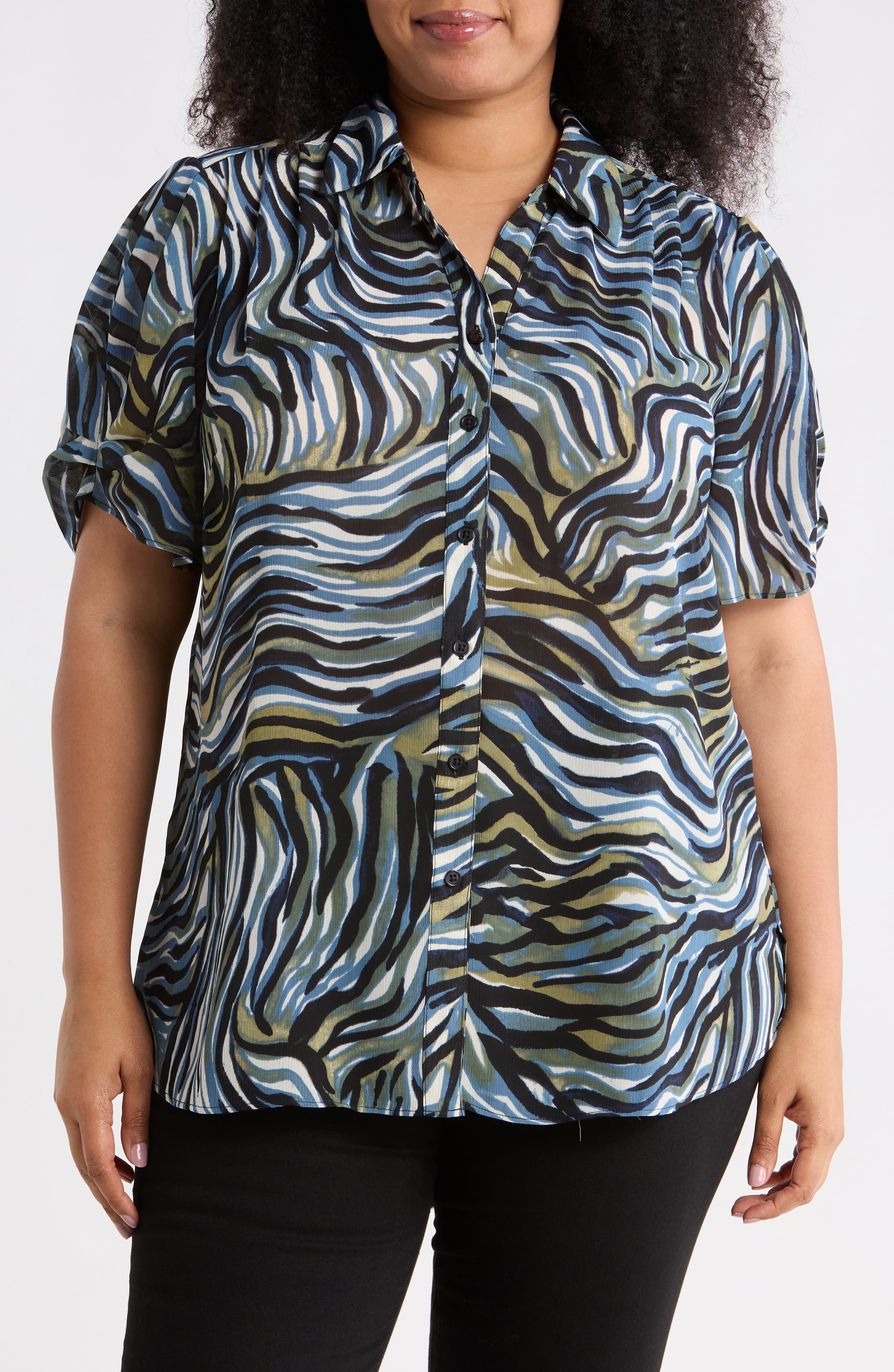 Adrianna Papell Scrunched Short Sleeve Button-Up Shirt