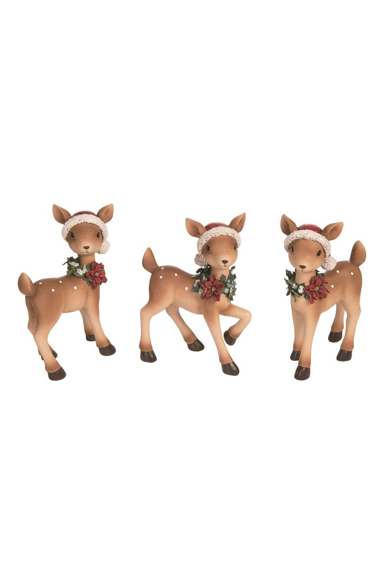 Transpac Set of 3 Resin Deer Figurines with Santa Hats Holiday Decor, Main, color, 