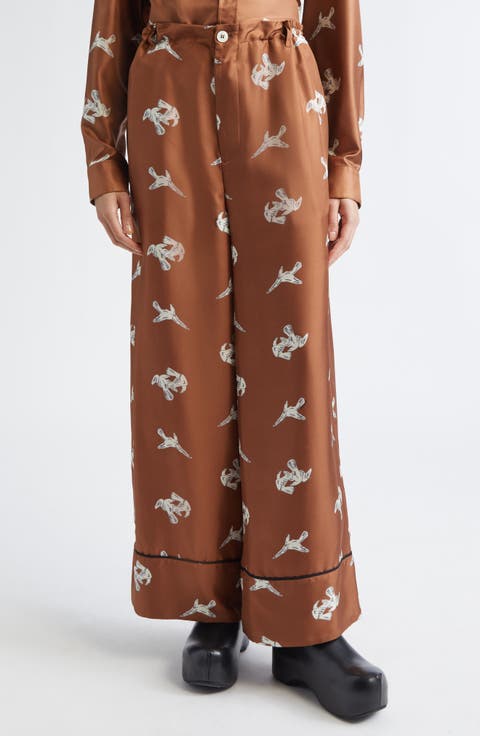 Raven Print Silk Twill Wide Leg Pants