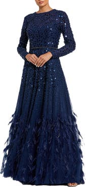 Mac Duggal Disc Embellished Sequin Gown with Feather Detail