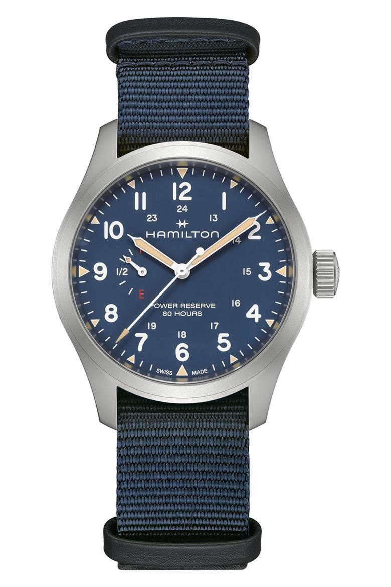 Khaki Field Mechanical Power Reserve Web Strap Watch, 40mm, Main, color, BLUE