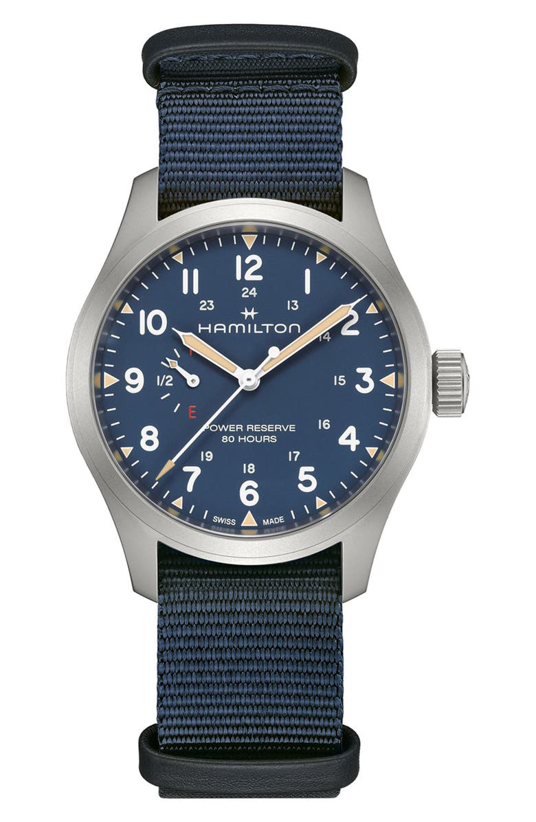 Hamilton Khaki Field Mechanical Power Reserve Web Strap Watch, 40mm, Main, color, Blue