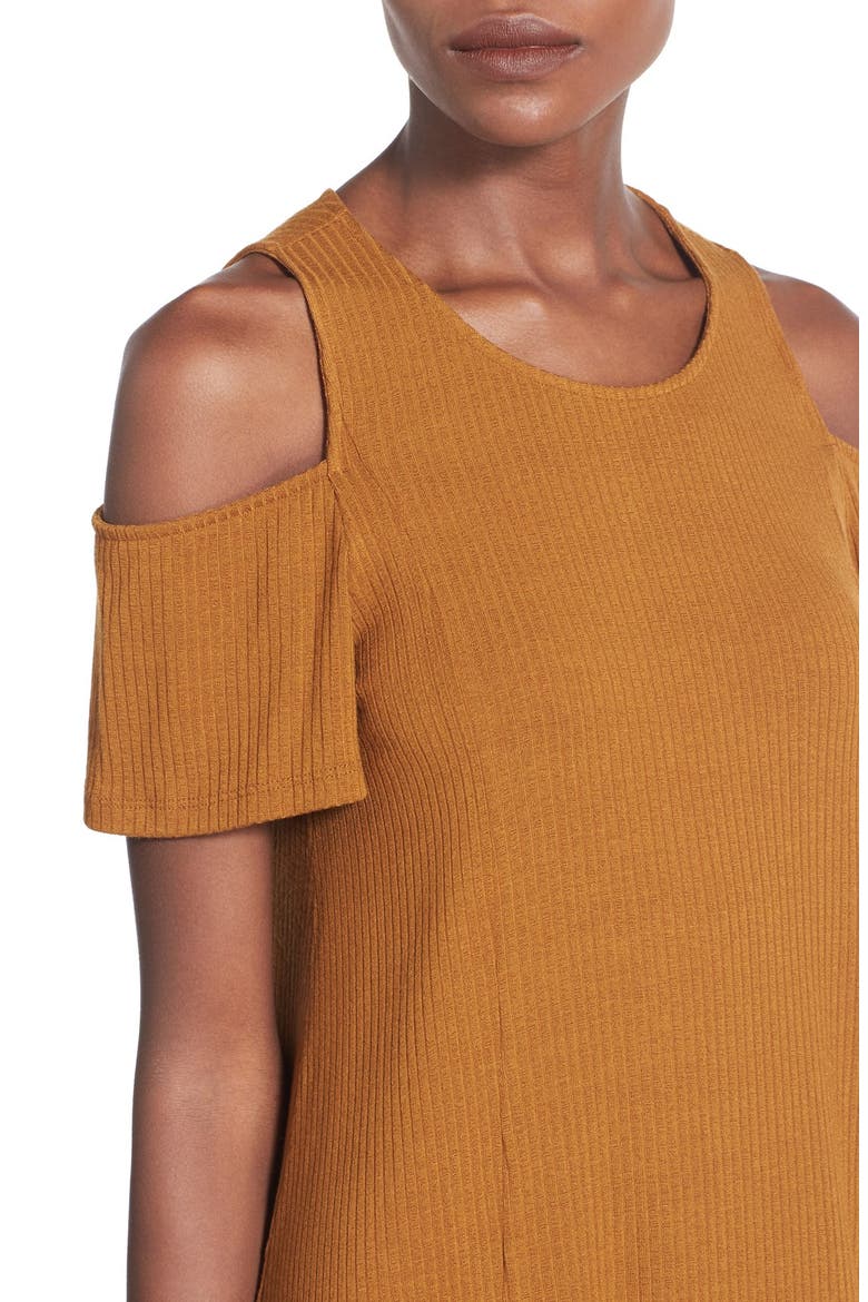 Cold Shoulder Rib Knit Shift Dress, Alternate, color, CARAMEL