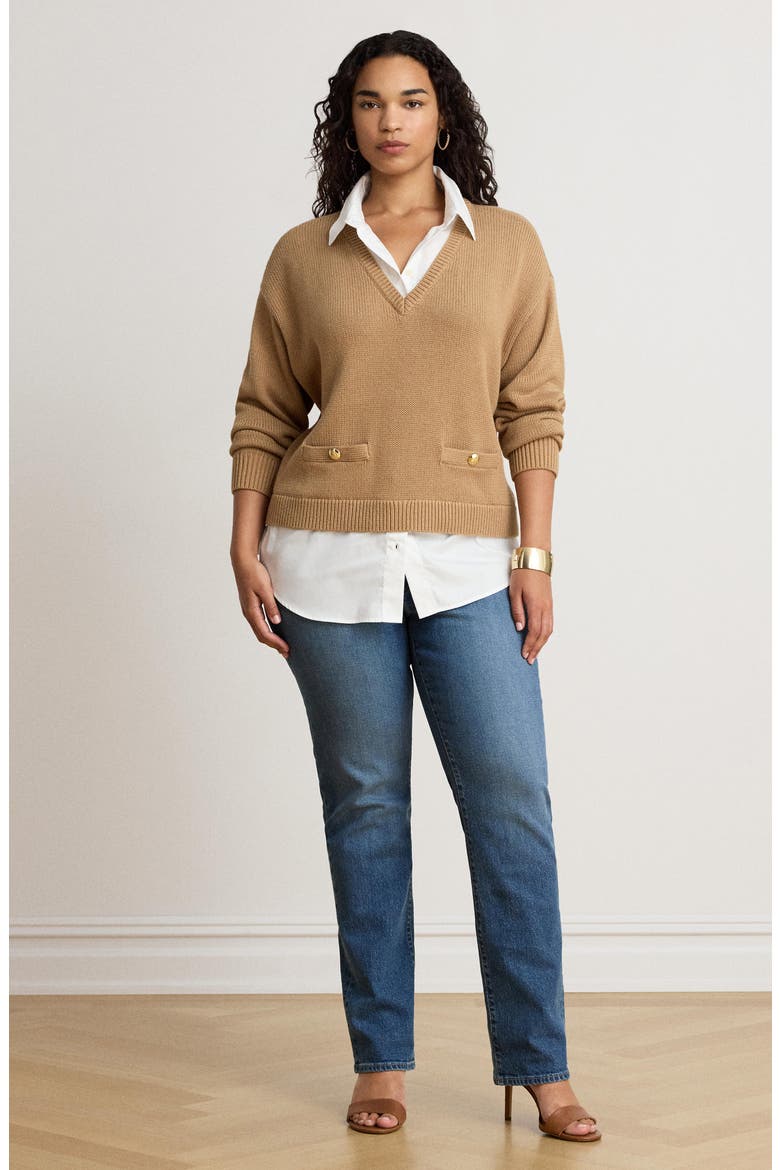 Mixed Media Polo Sweater, Alternate, color, BEIGE/ WHITE