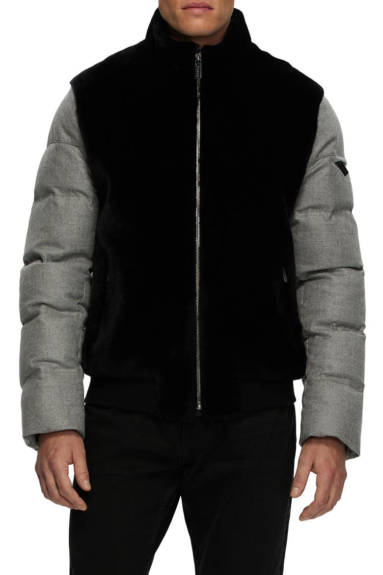 Mens Genuine Shearling Bomber Jacket with  Wool & Cashmere Quilted Down Sleeves And Back, Main, color, BLACK/GRAY