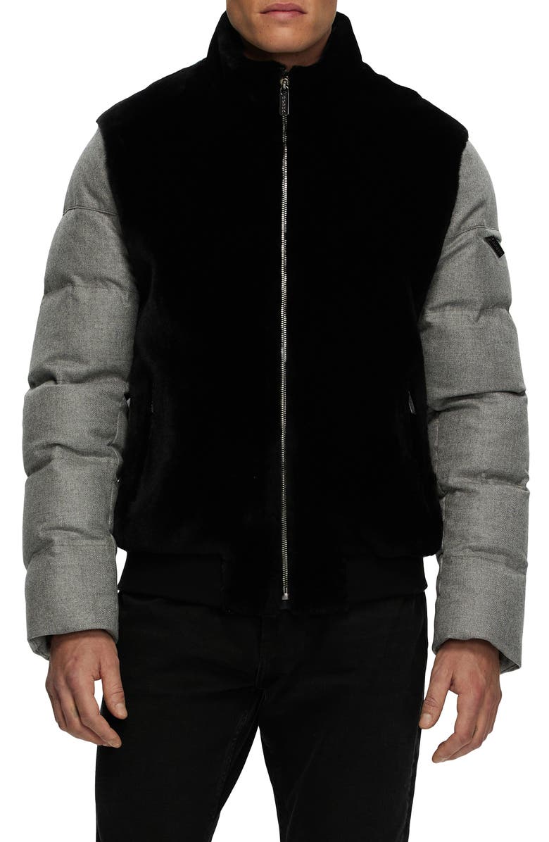 GORSKI Mens Genuine Shearling Bomber Jacket with  Wool & Cashmere Quilted Down Sleeves And Back, Main, color, Black/Gray